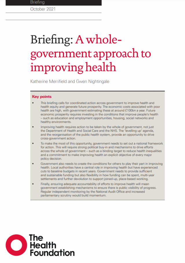 Front cover for Health Foundation publication 'A whole government approach to improving health'