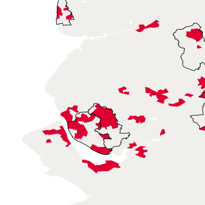 Graphic showing mismatch between black local authority boundaries and red areas of deprivation