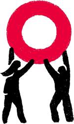 Icon depicting the Health Foundation's 'Collaboration' value - a red roundel with an illustration of two people holding it up