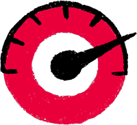 Icon depicting the Health Foundation's 'impact' value - a red roundel with a black dial illustration indicating progress