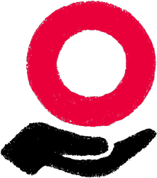 Icon depicting the Health Foundation's 'integrity' value - a red roundel with an illustrated hand supporting it