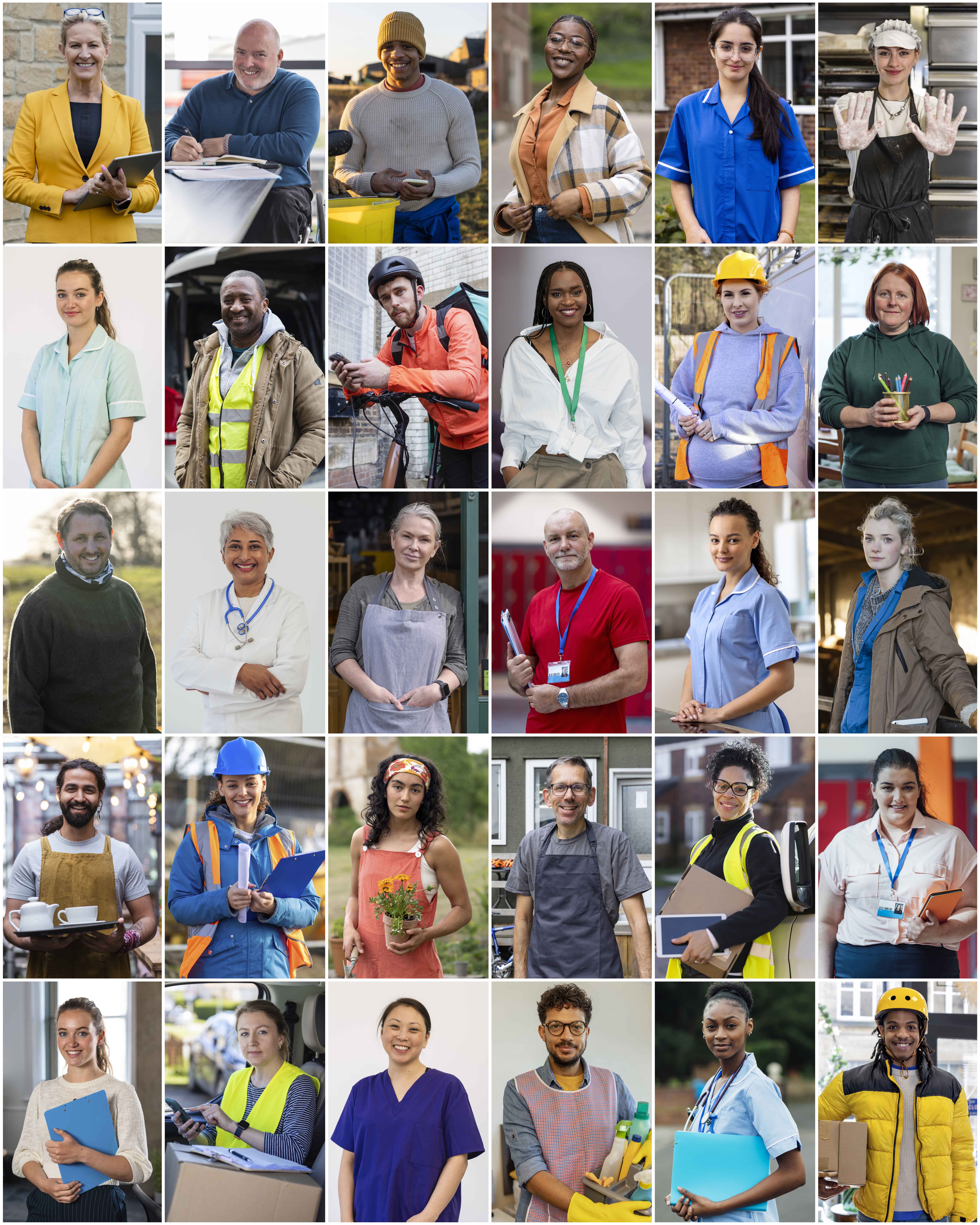 A grid of photographs of people of different occupations, ethnicities, genders and ages.