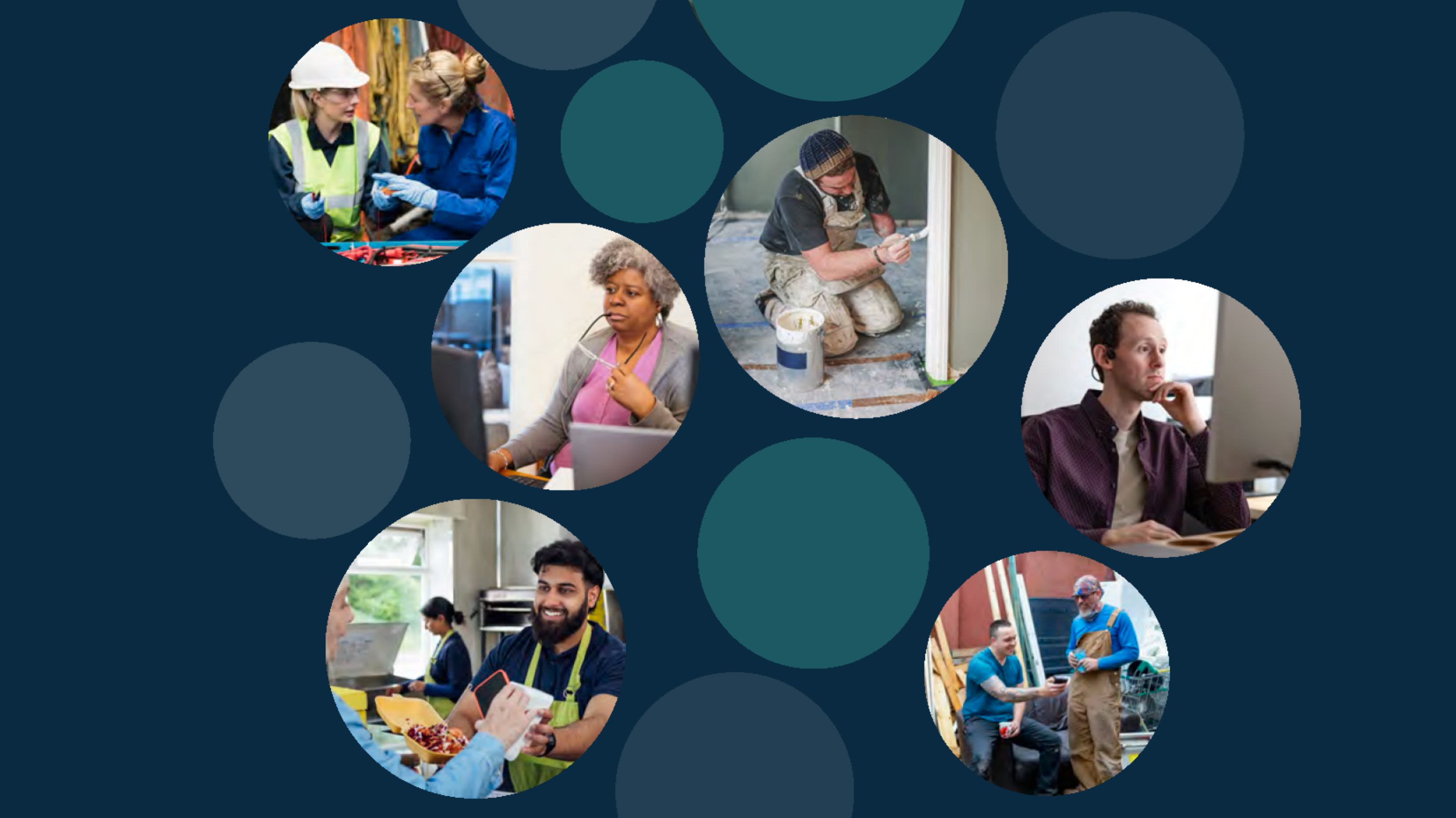 A dark blue background with photos overlaid of people in different occupations. One has a visible disability and one is blind.