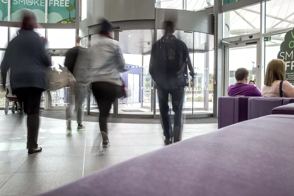 Busy reception area of a hospital