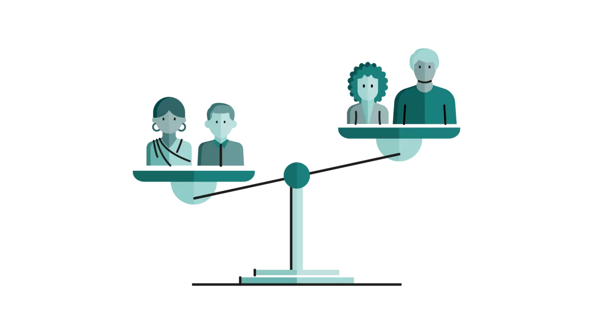 Illustration of people on both ends of an unbalanced scale to represent health inequalities 