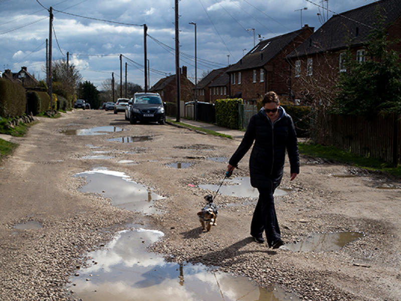Woman walking dog on road with puddle