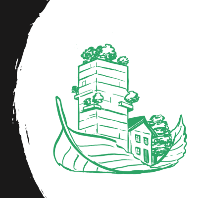 Illustration of buildings on a leaf, with a black and white background