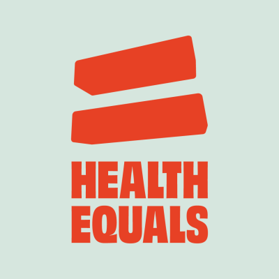 Health Equals logo in hot orange on a chalk background
