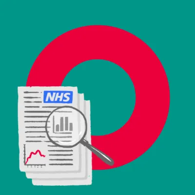 Illustration showing a red roundel with a document with the NHS logo and a magnifying glass
