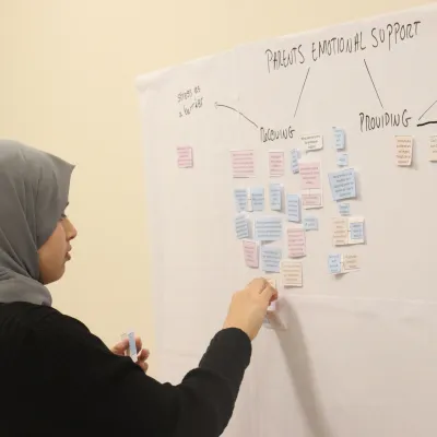 A young woman wearing a headscarf moves sticky notes on a board with the heading 'parents emotional support'
