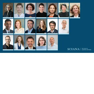 Headshot photos of 18 people with the words SCIANA, The Health Leaders Network