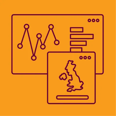 Illustration of a digital dashboard showing a line graph, bar charts and an overlapping map of the UK.