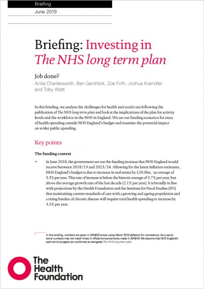 Front cover for Investing in the NHS long term plan briefing