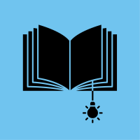 Black open book icon on a blue background