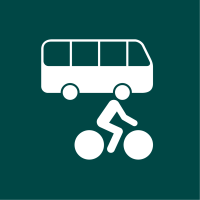 White bus and cyclist icon on a dark green background