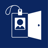 White lanyard icon on a dark blue background